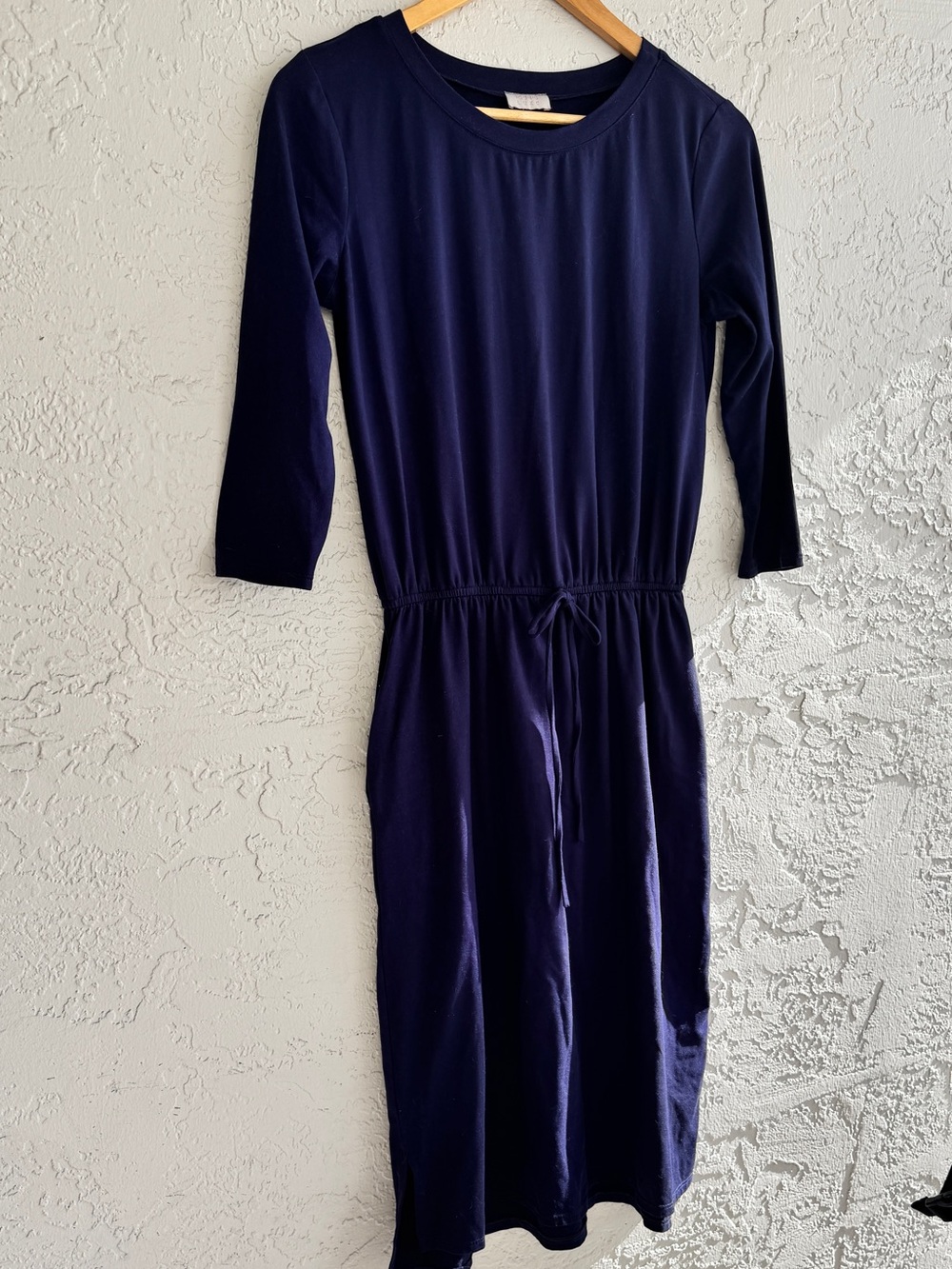 Women's Navy Blue Drawstring Waist Midi Dress with Pockets Stretchy
